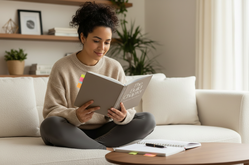 Woman reading a book on a couch in a cozy living room.