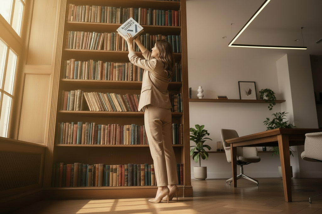 change the book she is holding so it looks new with some text on the front about growing a business