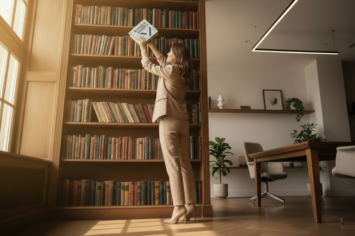 change the book she is holding so it looks new with some text on the front about growing a business